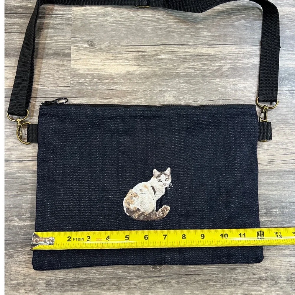 Denim Cat Crossbody Bag Indie Cottagecore Adjustable Strap Zipper‎ Purse